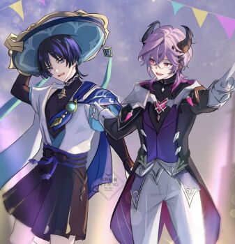 2boys arm_at_side arm_up belt black_belt black_bodysuit black_bow black_bridal_gauntlets black_coat black_horns black_shorts blue_cape blue_gemstone blue_hat blue_kimono blue_sleeves blunt_ends bodysuit bow bridal_gauntlets bunting cape cape_tug chest_jewel cleavage_cutout clothing_cutout coat coattails crossed_bangs dragon_horns facial_mark feathers forehead_mark gem genshin_impact gloves gold hair_between_eyes hakama hakama_shorts hands_up hat heart-shaped_gem highres hip_vent horns japanese_clothes jingasa juban kimono layered_sleeves lens_flare looking_at_another mandarin_collar mini_durin_(genshin_impact) mini_durin_(human)_(genshin_impact) multiple_boys necoco112061 open_clothes open_coat open_kimono open_mouth outdoors pants pleated_shorts pointing pointing_forward pom_pom_(clothes) purple_eyes purple_hair purple_sash purple_vest red_eyes red_gemstone sash scaramouche_(genshin_impact) short_sleeves shorts shoulder_peek sweatdrop teeth tsurime upper_teeth_only vest wanderer_(genshin_impact) watermark white_gloves white_kimono white_pants white_sleeves white_trim wispy_bangs yellow_feathers