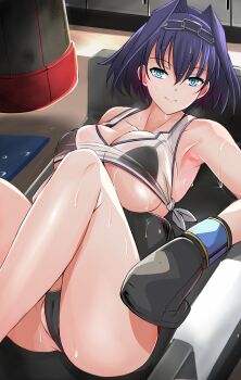 1girl arm_across_waist armpits ass bare_legs bikini black_gloves blue_eyes boxing boxing_gloves bra breasts cameltoe chain couch dripping exercising gloves hair_intakes highres hololive hololive_english knees_up large_breasts looking_at_viewer lying nonoririn on_back ouro_kronii punching_bag resting see-through_clothes shirt short_hair sitting smile sweat sweaty_clothes swimsuit thighs tied_shirt towel underwear virtual_youtuber wet wet_clothes