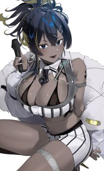 1girl absurdres bare_shoulders between_breasts black_bra black_necktie blonde_hair blue_eyes bra breasts cleavage coat commentary dark-skinned_female dark_skin detached_collar earrings fujisaki_subaru goddess_of_victory:_nikke highres holding holding_microphone horseshoe_earrings jewelry large_breasts long_hair looking_at_viewer microphone multicolored_hair navel necktie necktie_between_breasts noise_(classic_diva)_(nikke) noise_(nikke) official_alternate_costume open_mouth ponytail puffy_coat shirt shorts simple_background smile solo striped_clothes striped_shorts teeth underwear vertical-striped_clothes vertical-striped_necktie vertical-striped_shorts white_background white_coat white_nails