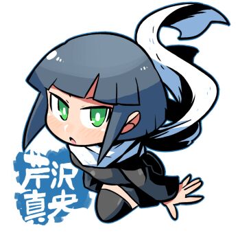 1girl black_dress black_hair black_thighhighs dress green_eyes jikkyou_powerful_pro_yakyuu looking_at_another open_clothes power_pro_kun_pocket power_pro_kun_pocket_7 rariatto_(ganguri) scarf serizawa_mao solo thighhighs white_background white_scarf