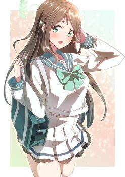 1girl absurdres airi_(blue_archive) bag blue_archive bow bowtie brown_hair commentary food-themed_hair_ornament green_bow green_bowtie green_eyes green_halo green_sailor_collar hair_ornament halo highres ice_cream_hair_ornament long_hair long_sleeves looking_at_viewer miniskirt pleated_skirt sailor_collar school_bag school_uniform serafuku shirt skirt solo thighhighs to_(tototo_tk) white_serafuku white_shirt white_skirt white_thighhighs zettai_ryouiki