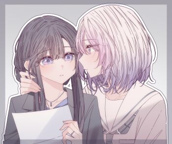 Rule 34 | 2girls, black hair, black jacket, border, cheating (relationship), commentary, earrings, gradient hair, grey background, grey border, hand in another's hair, hashtag-only commentary, highres, hitozuma kyoushi ga oshiego no joshikousei ni dohamari suru hanashi, holding, holding paper, ichigohara itsuki, jacket, jewelry, kousaka 0v0, multicolored hair, multiple girls, necklace, outline, paper, parted lips, purple eyes, purple hair, ring, sailor collar, school uniform, serafuku, shirt, teacher and student, togawa rin, wedding ring, white hair, white outline, white sailor collar, white shirt, yuri