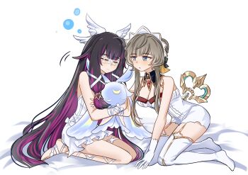 2girls absurdres alternate_costume automaton_(object) bare_shoulders barefoot black_hair blue_eyes breasts brown_hair cleavage closed_eyes closed_mouth columbina_(genshin_impact) commentary_request eye_mask full_body garter_straps genshin_impact gloves highres leg_wrap long_hair looking_at_another mask multicolored_hair multiple_girls parted_lips purple_hair ryuraasu sandrone_(genshin_impact) short_hair_with_long_locks simple_background smile thighhighs two-tone_hair very_long_hair white_background white_garter_straps white_gloves white_thighhighs