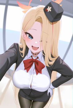 1girl absurdres bine_kun black_hat blonde_hair blue_archive bow bowtie breasts fang formal_clothes garrison_cap gloves gradient_halo hair_over_one_eye halo hand_on_own_hip hat highres large_breasts long_hair multicolored_halo official_alternate_costume one_eye_closed pencil_skirt pina_(blue_archive) pina_(guide)_(blue_archive) red_bow red_bowtie red_halo shirt skin_fang skirt smile suit tour_guide white_gloves white_shirt winged_halo