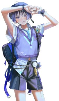 1boy 4the2ofus ahoge aqua_necktie aqua_trim armpits arms_up bag beret blue_hair blunt_ends blush chain clenched_hands collared_shirt double_thumbs_down emblem feathers genshin_impact gold grey_vest hat heart heart_hands highres looking_at_viewer male_focus multicolored_vest navel neck necktie o-ring own_hands_together parted_lips pom_pom_(clothes) purple_eyes purple_shorts purple_trim raised_fists scaramouche_(genshin_impact) shirt short_sleeves shorts shoulder_bag signature smile solo string thighs thumbs_down thumbs_down_heart_hands undershirt vest vision_(genshin_impact) wanderer_(genshin_impact) wanderer_(mega_mgc_coffee)_(genshin_impact) white_background white_shirt white_sleeves wide_sleeves wrist_cuffs