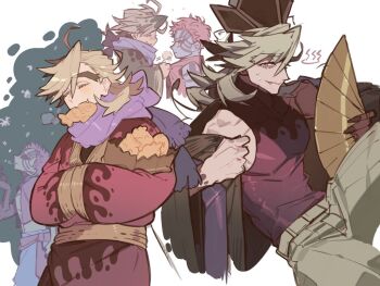 2boys akaza_(kimetsu_no_yaiba) blonde_hair blue_tattoo boosk_01 closed_mouth douma_(kimetsu_no_yaiba) fangs grey_pants half-closed_eyes hand_fan holding holding_fan japanese_clothes kimetsu_no_yaiba kimono long_hair male_focus multiple_boys multiple_views pants pink_hair pink_vest purple_scarf red_kimono red_shirt scarf shirt short_hair sleeveless sleeveless_shirt smile vest white_background wide_sleeves