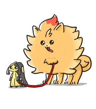 :> :3 artist_request fangs fire gen_10_pokemon gen_3_pokemon highres jewelry mawile multicolored_hair necklace nintendo open_mouth orange_fur pet pokemon pokemon_(creature) pokemon_focus pombon size_difference smile tongue tongue_out white_background