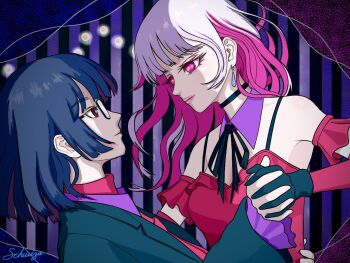 2girls ado_(utaite) black_choker black_ribbon blue_hair choker colored_inner_hair commentary_request dancing detached_sleeves dress earrings glasses jewelry long_hair medium_hair mirror_(ado) multicolored_hair multiple_girls neck_ribbon necktie pink_dress pink_eyes pink_hair pink_necktie red_eyes ribbon spaghetti_strap tomoyaku white_hair yuri