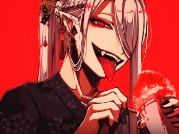 1girl absurdres black_kimono braid collarbone commentary commentary_request earrings fang floral_print food hair_ornament hair_over_one_eye hair_over_shoulder half-closed_eye highres holding holding_food holding_ice_cream holding_spoon ice_cream ice_cream_float japanese_clothes jewelry kimono kurobane444 long_hair original pointy_ears ponytail print_kimono red_background red_eyes saliva sharp_teeth sharp_tongue shaved_ice sidelocks simple_background single_braid slit_pupils smug solo spoon summer_festival swept_bangs symbol-only_commentary tassel tassel_earrings teeth tongue tongue_out upper_teeth_only very_long_hair white_hair