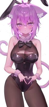 1girl four-finger_heart_hands animal_ears bare_shoulders black_leotard blush bodystocking breasts cat_ears cat_girl cat_tail cleavage cowboy_shot fake_animal_ears heart heart_hands highres hololive large_breasts leotard nekomata_okayu playboy_bunny rabbit_ears simple_background solo soyu1123 strapless strapless_leotard tail torn_bodystocking torn_clothes virtual_youtuber white_background