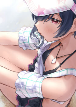 1girl absurdres bikini bikini_skirt bikini_under_clothes black_bikini black_hair blush breasts commentary_request highres idolmaster idolmaster_shiny_colors jewelry kijibato_123-gou looking_at_viewer morino_rinze necklace red_eyes sitting small_breasts solo sweat swimsuit thighs visor_cap