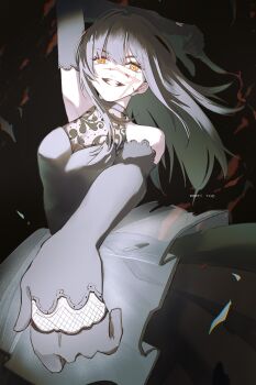 Rule 34 | 1girl, arm up, artist name, black dress, black gloves, black hair, breasts, chainsaw man, cleavage, clenched teeth, cowboy shot, dress, elbow gloves, gloves, grin, hair between eyes, highres, ice morinaka, long hair, looking at viewer, scar, scar on face, scar on nose, sidelocks, sleeveless, sleeveless dress, smile, solo, teeth, yellow eyes, yoru (chainsaw man)