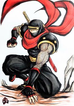 Rule 34 | 1boy, armor, black gloves, clenched hand, commentary request, covered mouth, fingerless gloves, fishnet sleeves, fishnets, floating scarf, gloves, hand on ground, hattori hanzou (samurai spirits), headband, highres, male focus, marker (medium), mask, mouth mask, muscular, muscular male, ninja, on one knee, poporoyama, red scarf, samurai spirits, scar, scar across eye, scar on face, scarf, shoulder armor, solo, sword, sword on back, traditional media, traditional ninja, waraji, weapon, weapon on back