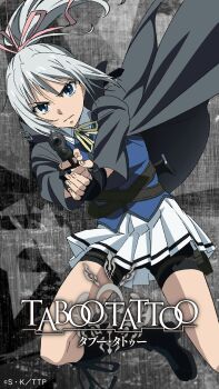1girl black_boots black_coat black_gloves black_shorts blue_eyes blue_vest bluesy_fluesy boots bow closed_mouth coat collared_shirt english_text female_focus fingerless_gloves gloves grey_hair gun hair_bow hair_ribbon highres holding holding_gun holding_pistol holding_sword holding_weapon japanese_text knife knife_sheath lace-up_boots legs long_hair long_sleeves looking_at_viewer miniskirt neckerchief pink_bow pink_ribbon pleated_skirt ponytail ribbon sexually_suggestive sheath shirt shirt_under_vest shorts skirt solo solo_focus sword taboo_tattoo thighs translation_request vest weapon white_shirt white_skirt yellow_neckerchief