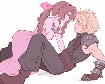 1boy 1girl aerith_gainsborough armor assertive_female baggy_pants bandaged_arm bandages bangle bare_shoulders belt blonde_hair blue_eyes blush boots bracelet braid braided_ponytail breasts brown_belt brown_boots brown_gloves brown_hair cloud_strife commentary couple dress english_commentary final_fantasy final_fantasy_vii final_fantasy_vii_rebirth final_fantasy_vii_remake gloves green_eyes grey_pants grey_shirt hair_ribbon hand_in_own_hair hetero highres jewelry long_dress long_hair looking_at_another medium_breasts multiple_belts pants parted_bangs parted_lips pauldrons pink_dress pink_lips pink_ribbon ribbed_shirt ribbon shirt short_hair shoulder_armor sidelocks single_braid single_pauldron sleeveless sleeveless_dress sleeveless_turtleneck smile softp3ach spiked_hair sundress suspenders turtleneck white_background