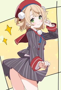 1girl absurdres ass beret blonde_hair blue_ribbon braid buttons closed_mouth collared_shirt commentary double-breasted dress_shirt from_behind green_eyes grey_jacket grey_skirt hair_ornament hair_rings hand_up hat highres hutaba_haru indie_virtual_youtuber jacket long_sleeves looking_at_viewer miniskirt neck_ribbon pinstripe_jacket pinstripe_pattern pinstripe_skirt pleated_skirt pom_pom_(clothes) pom_pom_hair_ornament red_hat red_sailor_collar ribbon sailor_collar school_uniform shigure_ui_(vtuber) shigure_ui_(vtuber)_(1st_costume) shirt short_hair side_braid side_up_ring skirt skirt_hold sleeve_cuffs smile solo striped_clothes striped_jacket symbol-only_commentary vertical-striped_clothes vertical-striped_jacket virtual_youtuber white_shirt