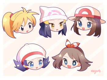 +_+ 5girls beanie black_eyes blonde_hair blue_eyes blue_hair brown_hair commentary_request cropped_head dawn_(pokemon) eyelashes fang green_(pokemon) hair_ornament hairband hat highres kris_(pokemon) long_hair may_(pokemon) moyumajor multiple_girls nintendo open_mouth pokemon pokemon_adventures ponytail red_hairband skin_fang smile twintails white_hat yellow_(pokemon) yellow_eyes