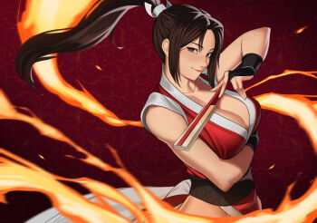 1girl arm_under_breasts breasts brown_eyes brown_hair cleavage erzomori fatal_fury fire gloves hand_fan highres japanese_clothes kimono large_breasts long_hair looking_at_viewer ponytail pyrokinesis red_kimono shiranui_mai sleeveless sleeveless_kimono smile solo standing street_fighter the_king_of_fighters upper_body