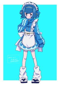 1girl alternate_costume apron aqua_background blue_eyes blue_hair blue_hairband blue_jacket blush_stickers border bright_pupils closed_mouth commentary_request full_body hairband hand_up highres jacket jersey_maid knees lana_(pokemon) leg_warmers long_sleeves maid maid_headdress mizu_majuu_(waterman10) nintendo no_sclera outside_border pokemon pokemon_sm shoes short_hair sleeves_past_fingers sleeves_past_wrists solo standing unconventional_maid waist_apron white_apron white_border white_leg_warmers white_pupils zipper