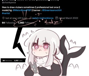 1girl :< artist_self-insert black_hair blush blush_stickers cellphone cetacean_tail chibi chonkyorca closed_mouth clothing_cutout commentary english_text fins fish_tail grey_hair hair_between_eyes highres holding holding_phone long_sleeves multicolored_hair nose_blush orca_(chonkyorca) original phone phone_with_ears puffy_long_sleeves puffy_sleeves purple_eyes shoulder_cutout simple_background sleeves_past_wrists solo streaked_hair sweat sweater tail tears turtleneck turtleneck_sweater twitter upper_body v-shaped_eyebrows watermark web_address white_background white_sweater