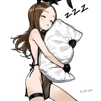 absurdres black_gloves brown_hair gloves highres karakai_jouzu_no_takagi-san lander0808 loli no_bra no_panties open_mouth playboy_bunny simple_background sleeping takagi-san white_background