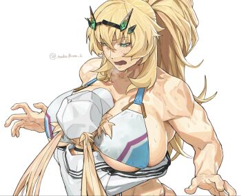 2girls artoria_caster_(fate) artoria_caster_(swimsuit_berserker)_(first_ascension)_(fate) artoria_pendragon_(fate) bare_shoulders barghest_(fate) barghest_(swimsuit_archer)_(final_ascension)_(fate) baseball_cap between_breasts biceps bikini blonde_hair breasts commentary fate/grand_order fate_(series) flustered green_eyes hat head_between_breasts highres hug huge_breasts jacket long_hair long_sleeves multicolored_bikini multiple_girls muscular muscular_female nervous_sweating open_mouth peaked_cap ponytail shrug_(clothing) simple_background size_difference sweat swimsuit symbol-only_commentary tonko_from twintails twitter_username upper_body white_background white_bikini white_hat white_jacket