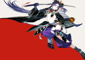 1girl armor baggy_pants blue_eyes blue_hair breast_curtains breasts clothing_cutout detached_sleeves dutch_angle eyeliner fate/grand_order fate_(series) gloves highres holding holding_sword holding_weapon japanese_armor katana knee_up leg_cutout long_hair long_sleeves looking_at_viewer looking_to_the_side makeup medium_breasts midriff mohikan5 over_shoulder pants parted_lips pom_pom_(clothes) red_eyeliner revealing_clothes scabbard sheath shoulder_armor sode sword tassel ushiwakamaru_(fate) ushiwakamaru_(third_ascension)_(fate) very_long_hair weapon weapon_over_shoulder wide_sleeves