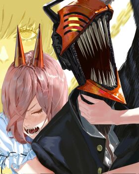 1boy chainsaw_man collared_shirt commentary demon_girl demon_horns denji_(chainsaw_man) fourth_east_high_school_uniform highres hkhvita horns hug makima_(chainsaw_man) power_(chainsaw_man) red_horns ringed_eyes school_uniform sharp_teeth shirt teeth white_shirt