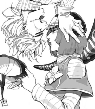 1boy 1girl clothing_cutout commentary_request diego_brando dinosaur_tail fangs gloves greyscale hat helmet holding holding_unworn_helmet hot_pants_(sbr) jojo_no_kimyou_na_bouken medium_hair michiru_(amphibian) monochrome open_mouth scary_monsters_(stand) shoulder_cutout stand_(jojo) steel_ball_run sweater tail turtleneck turtleneck_sweater unworn_helmet upside-down