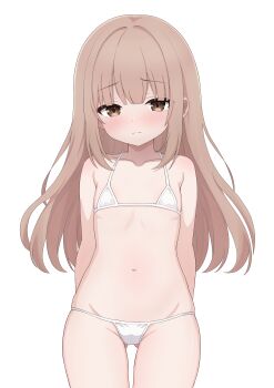 1girl arms_behind_back bikini blush brown_eyes brown_hair closed_mouth collarbone cowboy_shot flat_chest gluteal_fold groin loli long_hair looking_at_viewer micro_bikini moke_(moke_dayo) navel original simple_background solo swimsuit thighs white_background white_bikini