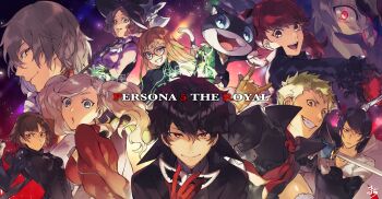 5boys 5girls \m/ akechi_gorou amamiya_ren axe bad_id bad_pixiv_id black_eyes black_hair blonde_hair blue_eyes blue_hair braid brown_eyes brown_hair cat closed_mouth copyright_name crown_braid deadpan everyone evil_eyes facial_mask fox_(persona_5) glasses grin hand_on_own_face highres holding holding_mask joker_(persona_5) katana kitagawa_yuusuke long_hair machixy mask medium_hair morgana_(persona_5) multiple_boys multiple_girls niijima_makoto noir_(persona_5) okumura_haru oracle_(persona_5) orange_hair panther_(persona_5) persona persona_5 persona_5_the_royal ponytail queen_(persona_5) red_eyes red_hair sakamoto_ryuuji sakura_futaba short_hair skull_(persona_5) smile smug sword takamaki_anne twintails unworn_mask weapon yoshizawa_kasumi