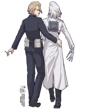 2boys absurdres belt belt_pouch between_fingers black_coat black_jacket black_pants blonde_hair blue_eyes blue_pants cigarette coat dr._stone full_body gloves grey_hair hand_on_another&#039;s_hip hand_on_another&#039;s_waist highres holding holding_cigarette holster jacket long_sleeves male_focus medium_hair military_uniform mitsuru_(aica_hikari) multiple_boys pants pouch shoes short_hair simple_background standing stanley_snyder_(dr.stone) trench_coat white_background white_coat white_gloves white_hair xeno_(dr.stone)