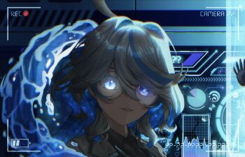 Rule 34 | 1girl, ahoge, alternate costume, bespectacled, black shirt, blue eyes, blue hair, commentary, english commentary, furina (genshin impact), genshin impact, glasses, glowing, glowing eyes, grey hair, highres, kazio (jumppad43599), looking at viewer, multicolored hair, parted lips, portrait, shirt, streaked hair