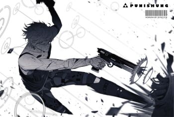 1boy arm_up artist_name bandaged_head bandages bare_shoulders battle beam blurry copyright_name crack damaged dated depth_of_field dirty dirty_face energy_beam eyepatch firing floating_screen frown glowing glowing_eyes gun handgun highres holding holding_gun holding_weapon homutan_(syjg2733) jewelry kicking lee_(pgr) male_focus mechanical_arms mechanical_legs medical_eyepatch monster motion_blur muzzle_flash necklace one_eye_covered outstretched_arm pants pendant punishing:_gray_raven science_fiction shards short_hair sleeveless solo solo_focus tank_top veins weapon