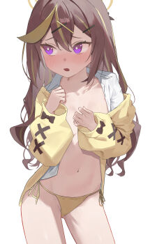 1girl absurdres alternate_hairstyle averting_eyes blonde_hair blue_archive blush breasts brown_hair collared_shirt commentary_request cowboy_shot hair_between_eyes hair_down hair_ornament hairclip halo highres jacket lizard0221 long_hair long_sleeves looking_to_the_side multicolored_hair navel open_clothes open_jacket open_mouth open_shirt panties puffy_long_sleeves puffy_sleeves purple_eyes rena_(blue_archive) shirt side-tie_panties simple_background solo streaked_hair underwear white_background white_shirt x_hair_ornament yellow_jacket yellow_panties