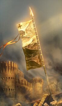 Rule 34 | banner, battle standard, commentary request, cross, dust, fate/grand order, fate (series), fortress, game cg, greek cross, grey background, higashiyama hayato, no humans, object focus, official art, planted, third-party source, war banner, wind