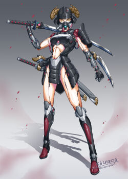 1girl arm_blade armor breasts cyborg fake_horns full_body helmet highres horned_helmet horns japanese_armor kabuto_(helmet) katana kusazuri looking_at_viewer mask medium_breasts original over_shoulder respirator samurai shinzou90 shoulder_armor signature sode solo standing sword unsheathed weapon weapon_over_shoulder yellow_eyes