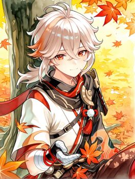 1boy against_tree arm_up autumn autumn_leaves bandaged_arm bandages belt belt_buckle black_belt black_gloves buckle closed_mouth commentary_request crossed_bangs double-parted_bangs fingerless_gloves genshin_impact gloves highres japanese_clothes kaedehara_kazuha layered_sleeves leaf leo_kkym male_focus multicolored_hair outdoors red_eyes sitting smile solo streaked_hair tree white_hair