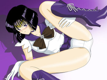 1990s_(style) 1girl ass bare_legs bishoujo_senshi_sailor_moon black_hair blush bob_cut boots bow brown_bow choker collarbone crotch crotch_seam earrings elbow_gloves female_focus gloves hands_on_own_thighs high_heel_boots high_heels holding_thigh jewelry knee_boots knees knees_up lace-up_boots legs looking_at_viewer lying magical_girl miniskirt mr._r_(2ch&#039;s_sailor_moon_thread) necklace on_side panties pantyshot partially_visible_vulva pleated_skirt presenting presenting_pussy purple_eyes purple_footwear purple_skirt retro_artstyle sailor_saturn sailor_senshi_uniform school_uniform serafuku shadow shoes short_hair skirt solo solo_focus spread_legs thighs tiara tomoe_hotaru underwear upskirt white_gloves white_panties