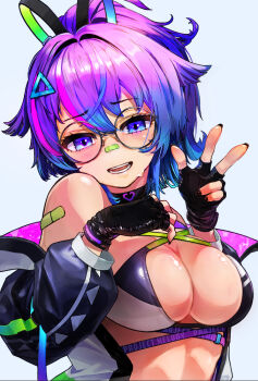 1girl bandaid bandaid_on_face bandaid_on_nose bandaid_on_shoulder bikini black-framed_eyewear black_bikini black_gloves black_jacket blue_hair breasts cleavage fingerless_gloves glasses gloves jacket large_breasts long_hair melody_(projektmelody) melody_(projektmelody)_(summer) multicolored_bikini open_mouth pink_hair pink_jacket ponytail purple_hair smile solo swimsuit tadpole_flavor thighhighs two-sided_fabric two-sided_jacket two-tone_bikini virtual_youtuber vshojo white_bikini