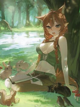 1girl :d absurdres ahoge animal animal_ear_fluff animal_ears bare_shoulders bird black_thighhighs blush book boots braid breasts brown_hair brown_thighhighs cleavage commission crop_top cross-laced_clothes cross-laced_top day deer fang forest fox grass green_eyes green_shirt hair_between_eyes highres large_breasts long_hair looking_at_viewer machida_0906 medium_breasts midriff miniskirt mushroom nature navel open_book open_mouth original outdoors pointy_ears rabbit shirt shorts single_thighhigh sitting skeb_commission skin_fang skirt sleeveless sleeveless_shirt smile solo squirrel stomach sunlight tail thighhighs tree twin_braids virtual_youtuber wariza water wolf_ears wolf_girl wolf_tail
