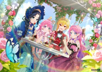 4girls ahoge baby_animal bird black_bow black_gloves black_hair blonde_hair blue_bonnet blue_dress blue_eyes blue_nails blurry bonnet bow braid bug butterfly cake cake_slice cherry chick colored_inner_hair commentary_request company_name copyright_notice crown cup cupcake depth_of_field detached_sleeves double_bun dress drinking_glass dutch_angle earrings fingernails flower food fork frilled_bonnet frills fruit gloves green_eyes hair_bow hair_bun hair_intakes heterochromia himemori_luna holding holding_cup holding_food holding_fork hololive hololive_dev_is hololive_english hololive_indonesia insect jewelry jiu_(jiwoo_owo9) kaela_kovalskia kikirara_vivi looking_at_viewer macaron mini_crown multicolored_hair multiple_girls nail_polish official_art ouro_kronii pink_dress pink_eyes pink_flower pink_hair pink_sleeves puffy_sleeves purple_hair red_eyes rose side_up_bun strawberry tiara tiered_tray virtual_youtuber