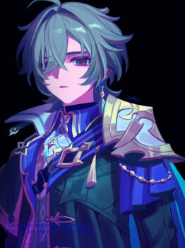 Rule 34 | 1boy, 39 iduki, armor, black background, blue cape, blue hair, cape, collared shirt, commentary request, earrings, genshin impact, hair between eyes, highres, jacket, jewelry, lohen (genshin impact), long sleeves, looking at viewer, male focus, mole, mole under eye, multicolored eyes, parted bangs, parted lips, pauldrons, piercing, shirt, shoulder armor, side cape, simple background, single earring, single pauldron, solo, tassel, upper body, watermark, wing collar