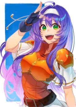 Rule 34 | 1girl, :d, aduti momoyama, armor, belt, blue gloves, breastplate, breasts, brown belt, collarbone, commentary request, fingerless gloves, fire emblem, fire emblem: path of radiance, fire emblem heroes, gloves, green eyes, hairband, headband, highres, long hair, looking at viewer, mia (fire emblem), mia (zenith challenger) (fire emblem), nintendo, official alternate costume, open mouth, orange shirt, purple hair, shirt, short sleeves, shoulder armor, skirt, smile, solo, teeth, upper teeth only, white hairband, white headband, white shirt, white skirt