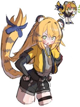 1girl absurdres anger_vein animal_ear_fluff animal_ears black_shorts blush bow chibi colored_inner_hair cowboy_shot cropped_jacket green_eyes grey_shirt hands_on_own_hips hashtag-only_commentary high-waist_shorts highres jacket ju_fufu kesiutu long_hair looking_at_viewer multicolored_hair multiple_views open_mouth reference_inset shirt shorts shout_lines simple_background skindentation striped_fur striped_hair tail tail_bow tail_ornament thigh_strap tiger_ears tiger_girl tiger_stripes tiger_tail v-shaped_eyebrows white_background yellow_jacket zenless_zone_zero