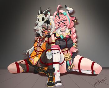 2girls ahoge animal_ears ball_gag bdsm blush bondage bound bound_together braid breasts cow_ears cow_horns dark-skinned_female dark_skin dr.k_(anonym) drooling ear_bell frogtie gag gagged genshin_impact green_eyes grey_hair hairband highres horns iansan_(genshin_impact) large_breasts long_hair midriff multiple_girls navel pink_hair pointy_ears purple_eyes red_rope rope second-party_source shibari shibari_over_clothes signature skull_on_head small_breasts tears twin_braids varesa_(genshin_impact)