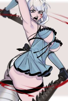 1girl absurdres areola_slip arm_behind_head armpits ass backless_outfit bandaged_leg bandages black_gloves blood blood_on_face blue_negligee blue_sleeves breasts brown_eyes clothing_cutout cowboy_shot detached_sleeves dual_wielding fighting_stance flower furrowed_brow gloves grey_background hair_flower hair_ornament highres holding kaine_(nier) large_breasts lingerie looking_at_viewer maplekeurig negligee nier_(series) open_mouth panties revealing_clothes single_sidelock skindentation solo thigh_strap thighs underboob underwear white_flower white_hair white_panties