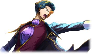 1boy ascot black_jacket black_pants blue_hair closed_mouth code_geass code_geass:_lost_stories cyborg dutch_angle f4samurai forehead game_cg gloves highres jacket jeremiah_gottwald male_focus official_art open_clothes open_jacket orange_eyes pants purple_ascot purple_sleeves raglan_sleeves red_shirt shirt short_hair simple_background solo transparent_background v-shaped_eyebrows white_gloves