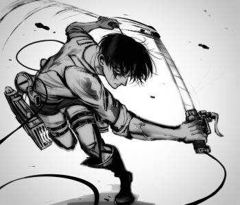 Rule 34 | 1boy, black hair, blood, blood on face, boots, closed mouth, commentary request, dual wielding, fighting stance, greyscale, hair between eyes, highres, holding, idc1066026, levi (shingeki no kyojin), male focus, monochrome, pants, shingeki no kyojin, shirt, short hair, sleeves rolled up, solo, three-dimensional maneuver gear, veins, veiny arms, white background, white pants, white shirt