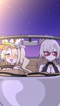 3girls animal_ears animal_hair_ornament animated audible_music audible_speech bare_shoulders between_breasts black_one-piece_swimsuit blonde_hair blue_archive breasts car car_interior car_seat choker closed_eyes closed_mouth completely_unamused cross_halo crossed_bangs driving floral_print floral_print_jacket fox_ears glasses gold_necklace gradient_hair hair_between_eyes hair_intakes hair_ornament hair_over_one_eye hairpin half-closed_eyes halo highres horizon jacket jacket_partially_removed jewelry long_hair looking_at_another looking_to_the_side low_wings mika_(blue_archive) mika_(swimsuit)_(blue_archive) motor_vehicle mountainous_horizon multicolored_hair multiple_girls music nagisa_(blue_archive) nagisa_(swimsuit)_(blue_archive) necklace night night_sky official_alternate_costume one-piece_swimsuit pangtanto parody pink_hair ponytail red-tinted_eyewear red_choker running sandals seia_(blue_archive) seia_(swimsuit)_(blue_archive) shaded_face side_ponytail sidelocks singing sky sleeves_past_fingers sleeves_past_wrists sound steering_wheel sweatdrop swimsuit tagme tinted_eyewear triangle_mouth unamused video visor_cap wavy_mouth white_car white_chicks white_jacket white_one-piece_swimsuit white_wings windshield wings yellow-tinted_eyewear yellow_jacket yellow_visor